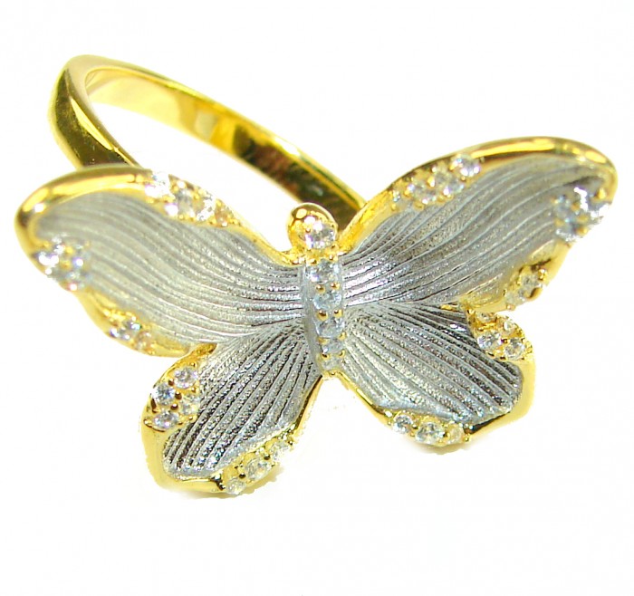 Golden Butterfly authentic 14k Gold over .925 Sterling Silver brilliantly handcrafted ring s. 7 1/4 - Butterfly ring in gold and silver, front angle close-up view