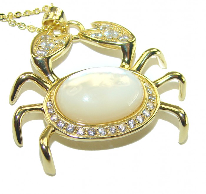 Precious Magic Crab 18K Gold over .925 Sterling Silver Necklace - Gold crab necklace with white stone and crystals, close-up view.