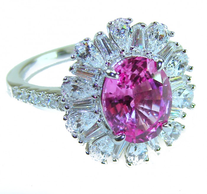 Blooming Beauty 5.8 carat oval cut Pink Sapphire .925 Silver handcrafted Cocktail Ring s. 7 1/4 - Side view of Blooming Beauty 5.8ct oval pink sapphire ring with diamonds
