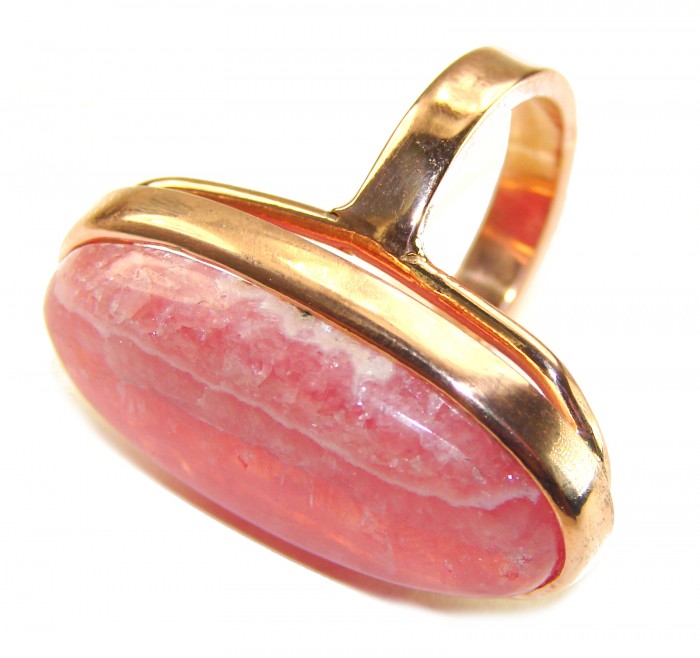 Large top quaity Argentinian Rhodochrosite 18K Gold over .925 Sterling Silver handmade ring size 8 ADJUSTABLE - Side view of large Argentinian Rhodochrosite ring in 18K gold setting.