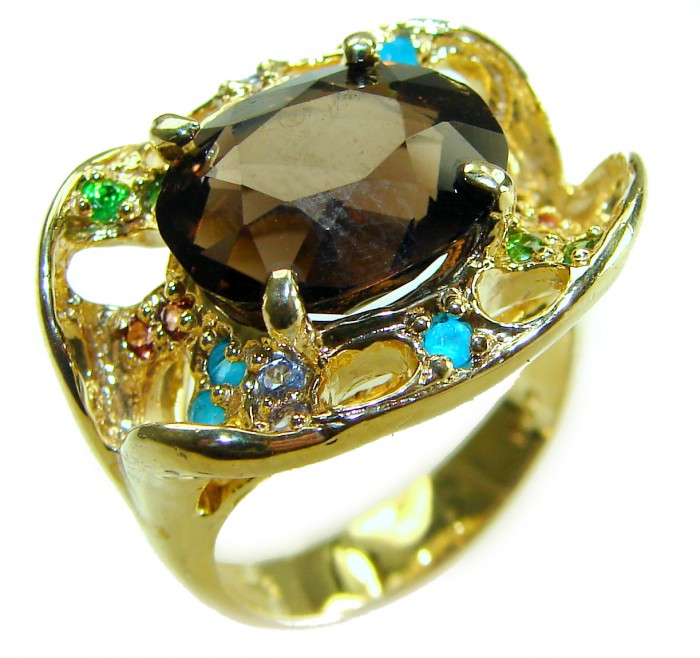 Serenity 8.5 carat Champagne Smoky Topaz 18K Gold over .925 Sterling Silver HUGE Ring size 7 1/2 - Close-up of Serenity ring with 8.5 carat smoky topaz, 18K gold setting