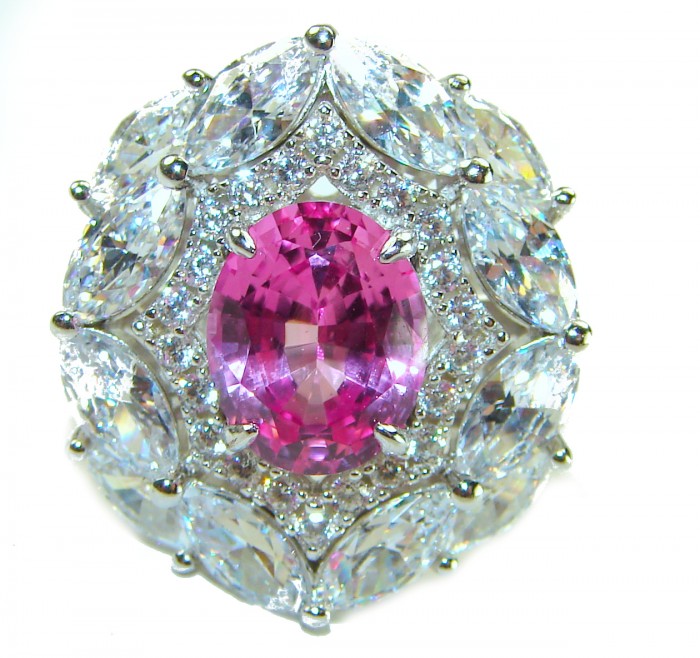 Blooming Beauty 12.8 carat oval cut Pink Sapphire .925 Silver handcrafted Cocktail Ring s. 7 - Close-up of oval pink sapphire ring with marquise diamonds.