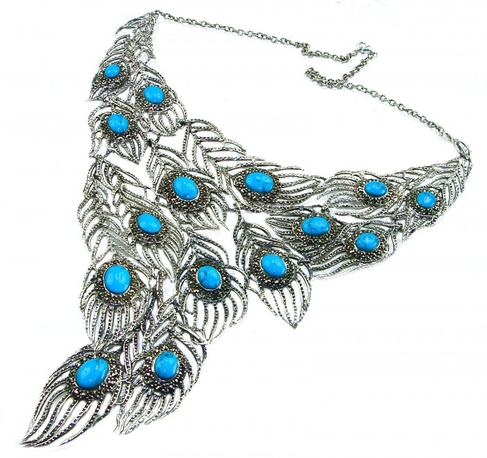 HUGE 104.7 grams Peacock Feather design genuine Turquoise .925 Sterling Silver handcrafted Necklace - Peacock feather necklace with turquoise stones, front view.