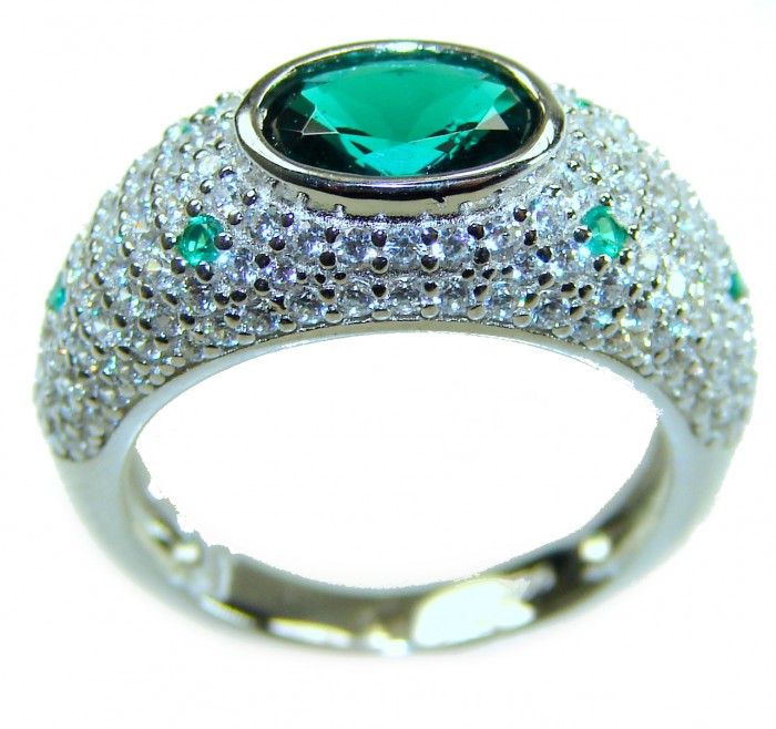 Vintage style - 3.5 carat Emerald .925 Sterling Silver handcrafted Statement ring size 6 - Side view of vintage-style emerald ring in sterling silver.