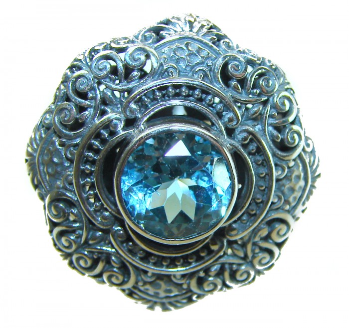 Pacifica 3.8 carat Swiss Blue Topaz .925 Sterling Silver handcrafted Large ring size 6 - Close-up of ornate ring with 3.8 carat Swiss Blue Topaz, sterling silver.
