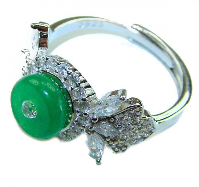 Good Fortune - Vintage Style 4.9 carat Jade .925 Sterling Silver handmade Cocktail Ring s. 8 adjustable - Side view of vintage style sterling silver jade ring with floral design.