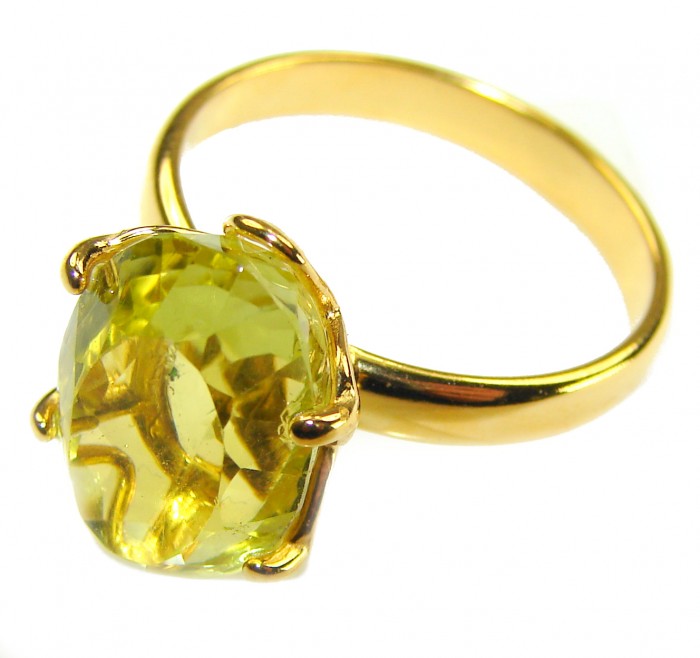 Solid 14.8 carat Genuine Lemon Quartz 18K Gold over .925 Sterling Silver handcrafted ring size 9 - Lemon quartz ring in gold, close-up of stone from front angle.