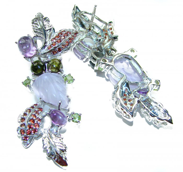Lavender Beauty authentic 10.2 carat Tanzanite .925 Sterling Silver handcrafted earrings - Decorative earrings with tanzanite and gemstones, side and clasp view.