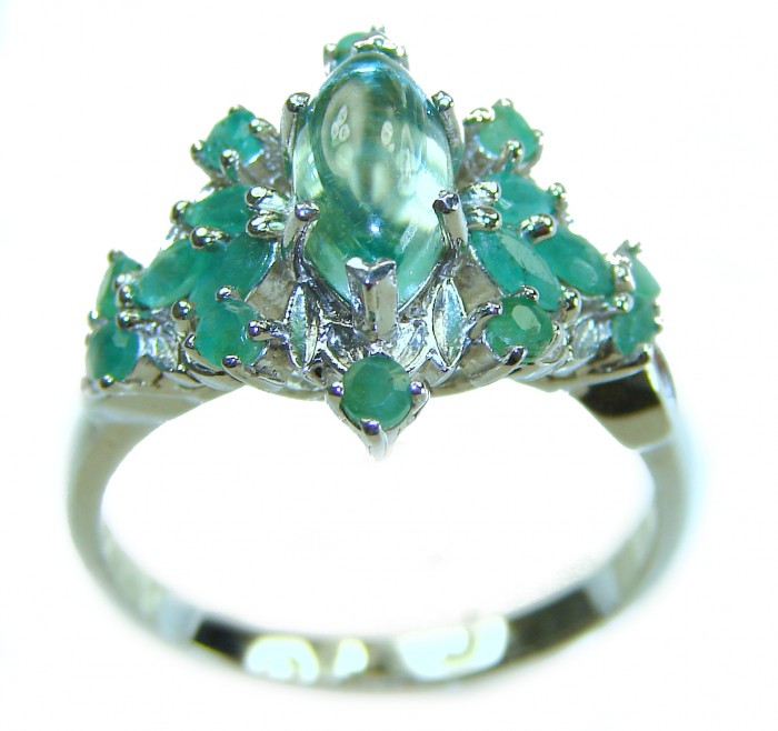 Emily 6.8 carat Swiss Aquamarine Emerald .925 Sterling Silver handmade Statement Ring size 9 1/4 - Front view of aquamarine and emerald ring in sterling silver.
