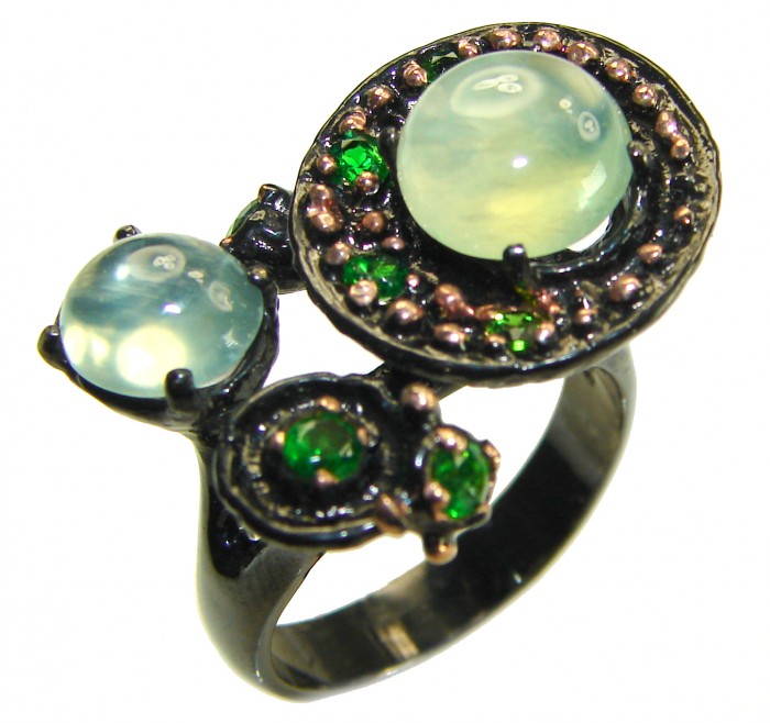 Best quality Prehnite black rhodium over .925 Sterling Silver handcrafted Ring Size 8 3/4 - Close-up of Prehnite ring with green stones on black rhodium silver.