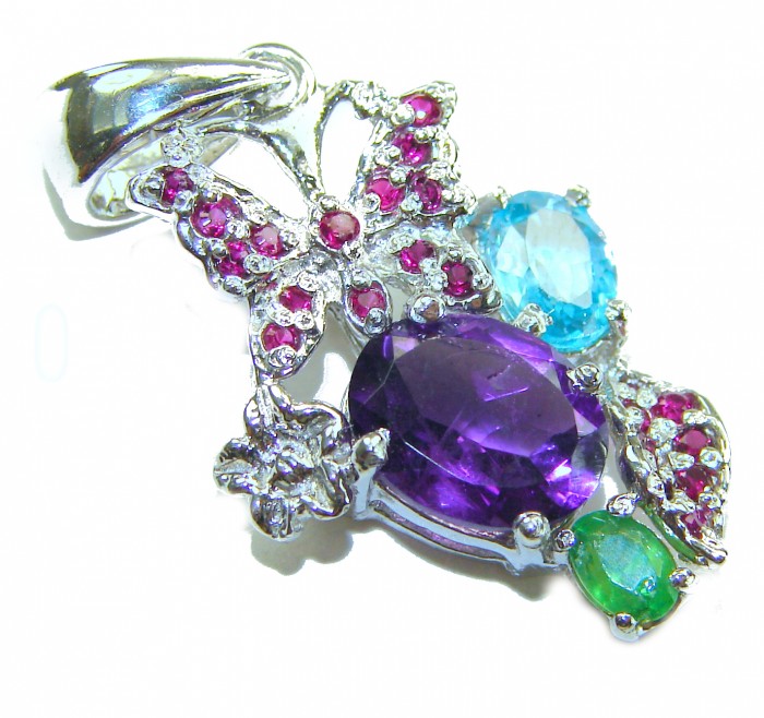Mademoiselle - 12.5 carat natural Amethyst .925 Sterling Silver handcrafted Pendant - Close-up of Mademoiselle pendant with amethyst and colorful gemstones.