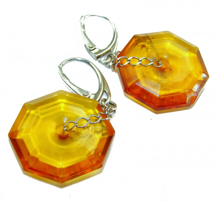 Very Special product - Wonderful natural faceted Baltic Amber .925 Sterling Silver entirely handcrafted earrings - Faceted Baltic amber earrings with chain and clasp detail, top view.