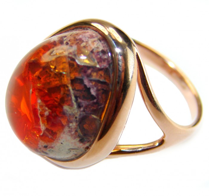Queen of Fire best quality 14.4 carat Mexican Opal 18K Rose Gold over .925 Sterling Silver handmade ring 8 1/4 - Close-up of 14.4 carat Mexican Opal in 18K Rose Gold setting