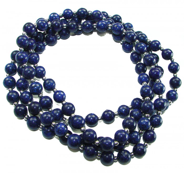 Boho Style 105.2 grams Lapis Lazuli .925 Sterling Silver handmade necklace - Lapis Lazuli necklace with silver beads, close-up view