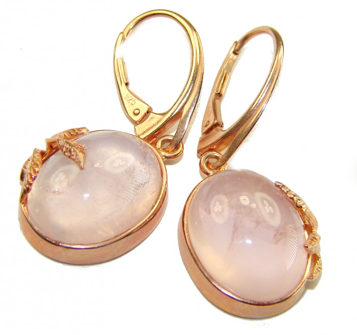 Authentic 10.2 carat Rose Quartz 14K Gold over .925 Silver handcrafted Statement earrings - Rose quartz earrings close-up, 14K gold over .925 silver leverback clasp.