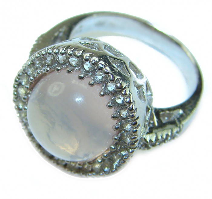 Vintage Design - Brazilian Rose Quartz 8.5 carat .925 Sterling Silver handcrafted Ring size 6 1/4 - Close-up of vintage-style ring with Brazilian rose quartz and silver detailing.