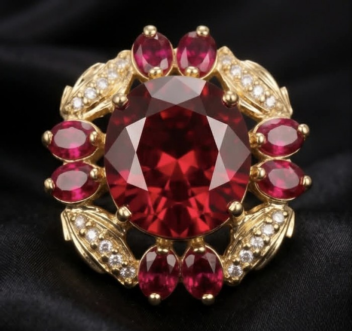 Crimson Fire Authentic 21.4 carat Garnet 18K Gold over .925 Sterling Silver brilliantly handcrafted Large Statement Ring size 7 - Close-up of Crimson Fire 21.4 ct garnet ring in 18K gold over .925 silver