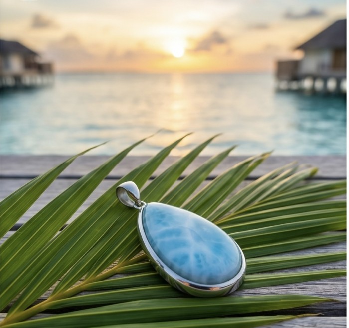 The best quality Natural Larimar from Dominican Republic .925 Sterling Silver handcrafted pendant - Larimar pendant on palm leaf, ocean sunset background.