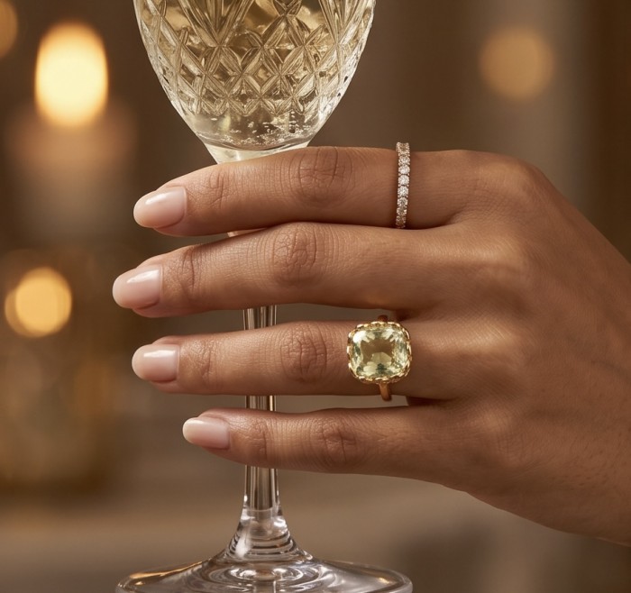 Costa del Sol 14.4 carat Lemon Quartz 18K Gold over .925 Sterling Silver handcrafted ring size 9 1/4 - Hand wearing Costa del Sol ring, holding a crystal glass.