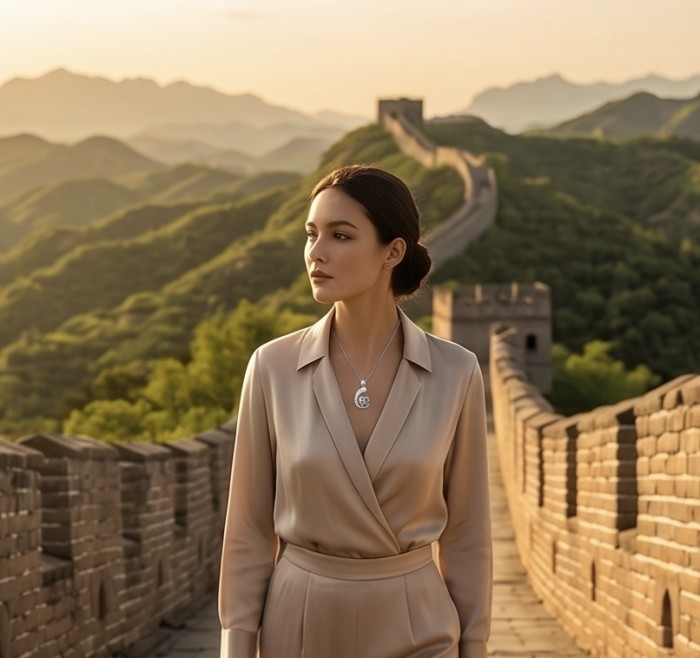Sofia 14.5 carat Brazilian multicolor Sapphire pave White Topaz .925 Sterling Silver handmade Pendant - Pendant necklace on woman at the Great Wall during sunset.