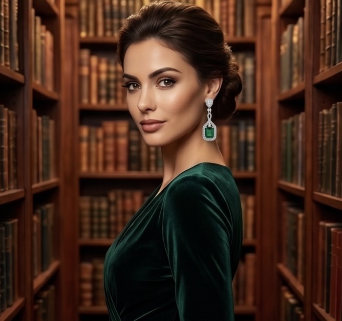 Valentina 8.2 carat Emerald .925 Sterling Silver dipped in rhodium Statement handcrafted earrings - Woman in green dress wearing Valentina 8.2 carat emerald earrings, side view.
