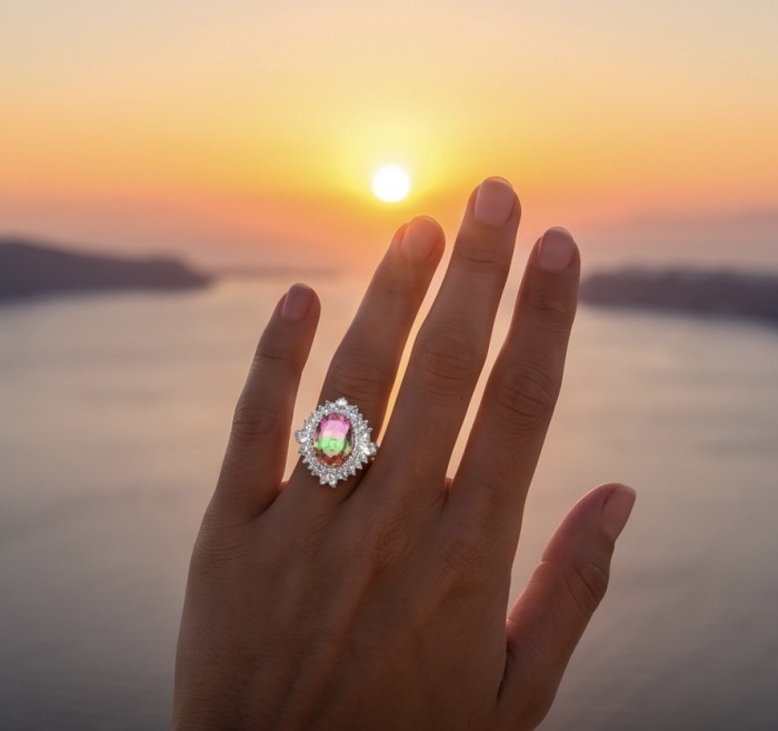 Carolyn 6.8 carat Brazilian Tourmaline .925 Sterling Silver Perfectly handcrafted Ring s. 7 1/2 - Tourmaline ring worn on hand, sunset background