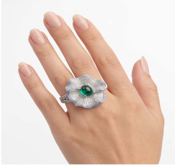 Exotica 5.2 carat natural Emerald rhodium over .925 Sterling Silver Perfectly handcrafted Ring s. 6 - Emerald ring worn on hand, showcasing design and stone.