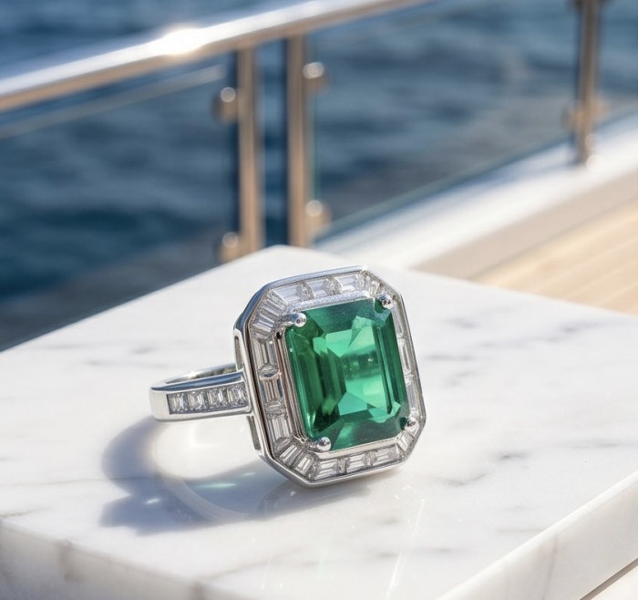 Precious 6.2 CARAT Chrome Diopside .925 Sterling Silver Statement Ring s. 8 - Precious 6.2 CARAT Chrome Diopside ring close-up on marble surface