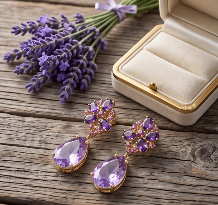 Lavender Beauty authentic 11.2 carat Amethyst 22K Gold over .925 Sterling Silver handcrafted earrings - Amethyst earrings on wood with lavender and open jewelry box