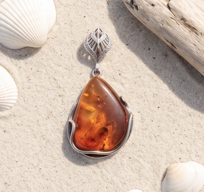 Prehistoric Authentic Golden Baltic Amber .925 Sterling Silver beautifully handcrafted Pendant - Amber pendant on sand with shells, front view