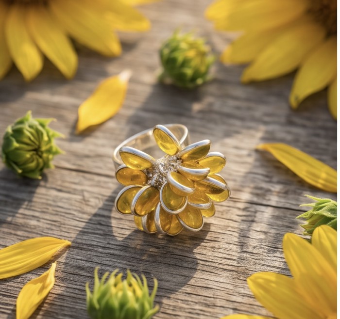Authentic oval cut 18.2 carat Golden Topaz rhodium over .925 Sterling Silver cha- cha ring s. 6 - Golden Topaz ring with floral design on wood, surrounded by sunflowers.