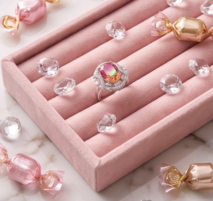 12.8 carat Brazilian Tourmaline .925 Sterling Silver dipped in rhodium Perfectly handcrafted Ring s. 8 1/2 - Luxury ring in pink case with gems and candies, top view