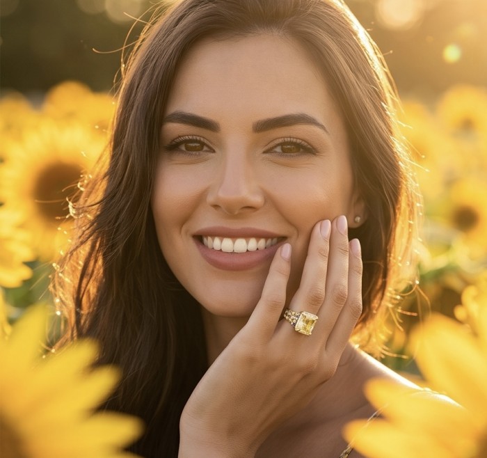 Wearable Art -princess cut - Solid 25.8 carat Genuine Yellow Sapphire .925 Sterling Silver dipped in rhodium handcrafted ring size 8 - Woman wearing Wearable Art yellow ring in sunflower field, front view.