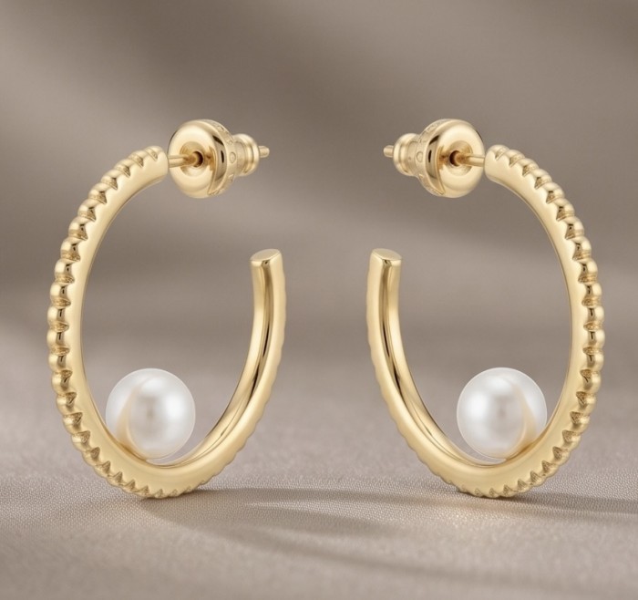 Baroque style Precious natural Pearl Gold over .925 Sterling Silver handcrafted earrings - Baroque style gold earrings with pearls, front view.