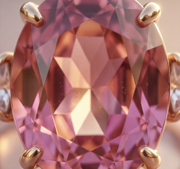 Pink Rhapsody Natural 21.6 carat Pink Sapphire .925 Sterling Silver dipped in 18K Rose Gold handmade Statement Ring size 8 1/4 - Close-up of Pink Rhapsody 21.6 carat pink sapphire ring in gold setting