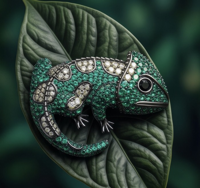 Spectacular - Chameleon Lizard 7.2 carat Tsavorite Garnet black rhodium over .925 Sterling Silver handmade Brooch - Chameleon brooch with tsavorites on a leaf, side view.