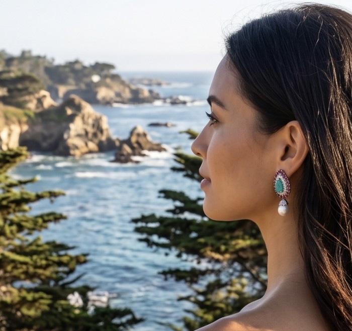 Classic Vintage Beauty - 10.5 carat Colombian Emerald 4.2 Ruby .925 Sterling Silver dipped in Rhodium handcrafted earrings - Side view of earrings with emerald and pearl by ocean backdrop