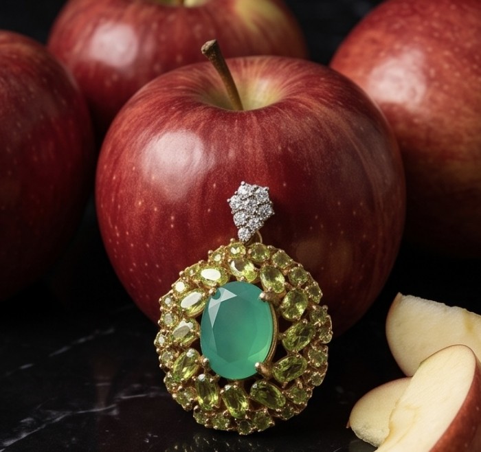 Green Royalty - 8.8 carat Colombian Emerald 6.4 carat Peridot .925 Sterling Silver dipped in 22K Gold handmade Statement pendant - Emerald and gemstone pendant close-up with apples.