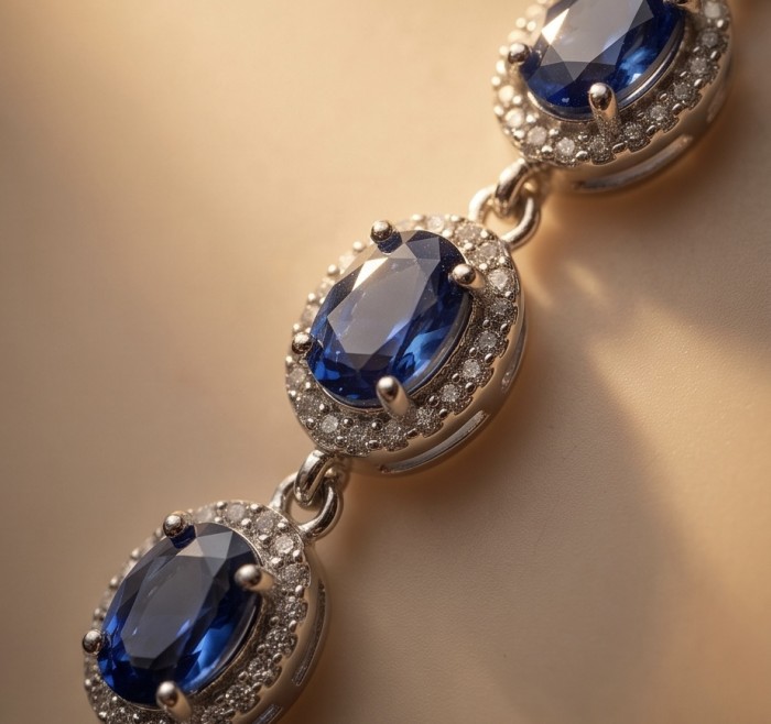Luxurious 9.2 carat Genuine Tanzanite .925 Sterling Silver handmade Necklace - Close-up of a luxurious Tanzanite bracelet with diamond accents.