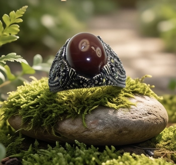 Orange Power natural Carnelian .925 Sterling Silver handmade ring s. 9 - Oval carnelian ring on mossy rock, front view, ornate silver band.