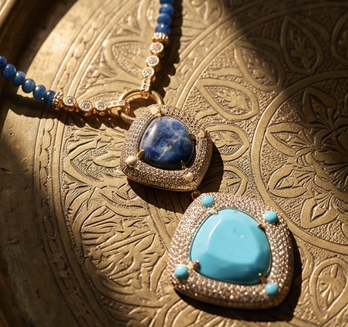 DESTINY Authentic TURQUOISE SODALITE .925 Sterling Silver dipped in 14K Gold handcrafted necklace - Close-up of turquoise and sodalite pendants on ornate background.