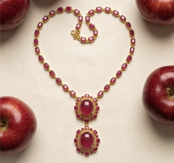 RARE BEAUTY Valentina 88.2 carat Mozambique Ruby 22K Gold .925 Sterling Silver Statement Necklace - Heart-shaped ruby necklace with apples, top view