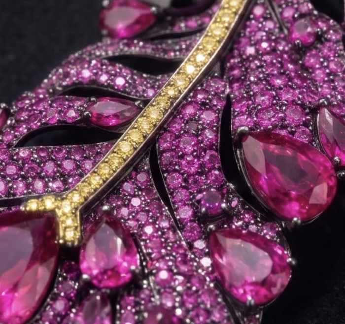 Magic Red Feather Large 10.8 carats Ruby .925 Sterling Silver DIPPED IN RHODIUM handmade Pendant - Brooch - Close-up of ruby-studded feather jewelry with yellow gem accents.