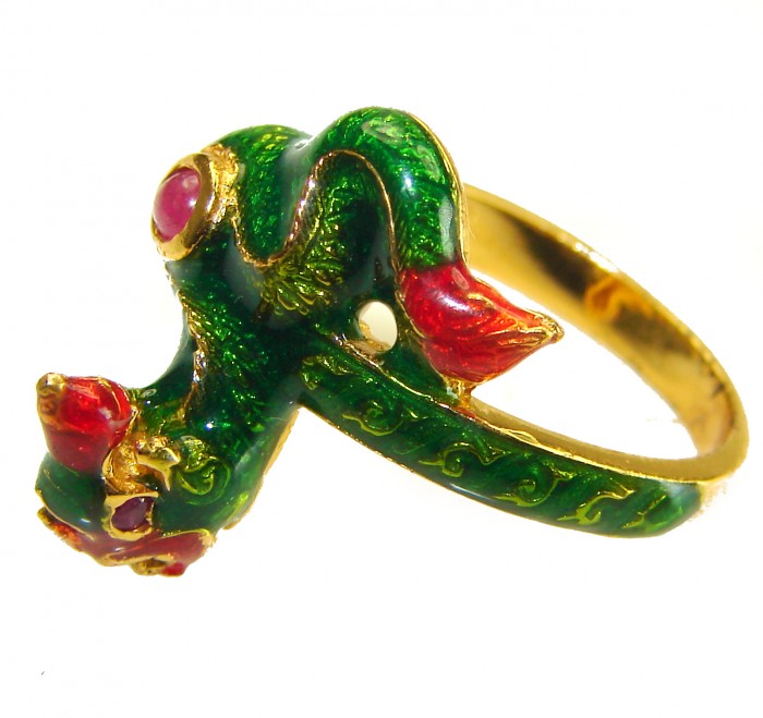 Green Snake Ruby Enamel 18K Gold over .925 Sterling Silver handcrafted Ring s. 6 3/4 - photo 1