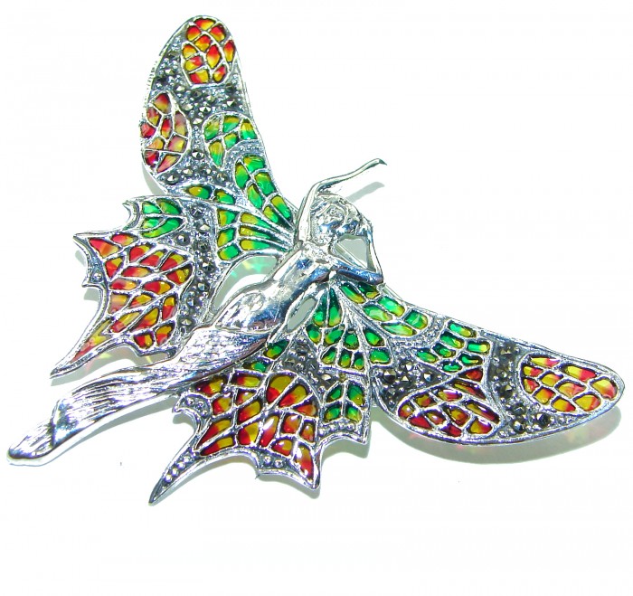 Natural Enamel Eagle .925 Sterling Silver Brooch Pendant - photo 3
