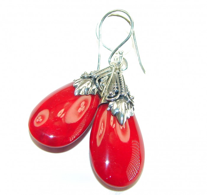 Large Genuine Red Fossilized Coral .925 Sterling Silver handmade earrings - Red coral teardrop earrings in .925 sterling silver, front view.