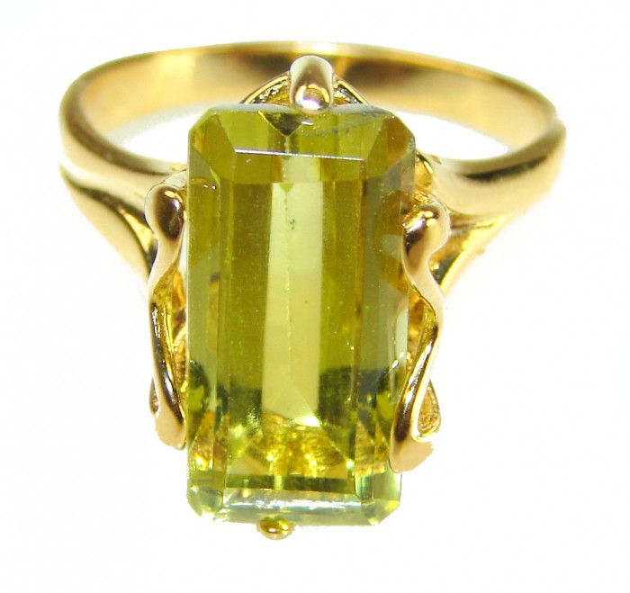 7.8 carat Genuine Lemon Quartz 14K Gold over .925 Sterling Silver handcrafted ring size 9 - Close-up of lemon quartz ring in gold and sterling silver setting