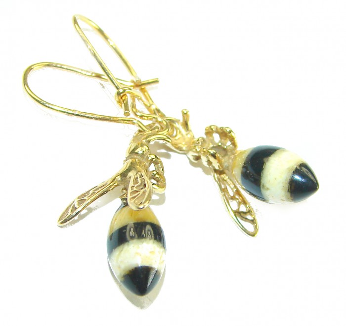 Very Special product - Wonderful Bees Baltic Amber 18K Gold over .925 Sterling Silver entirely handcrafted earrings - Bee-shaped Baltic amber earrings, side view, 18K gold setting.