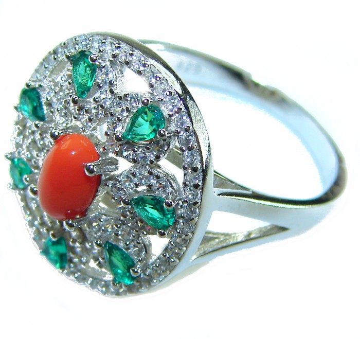 Serenity - 10.5 carat genuine Coral Emerald .925 Sterling Silver handmade ring s. 7 1/2 - Side view of Serenity ring with coral and emerald stones in silver setting.