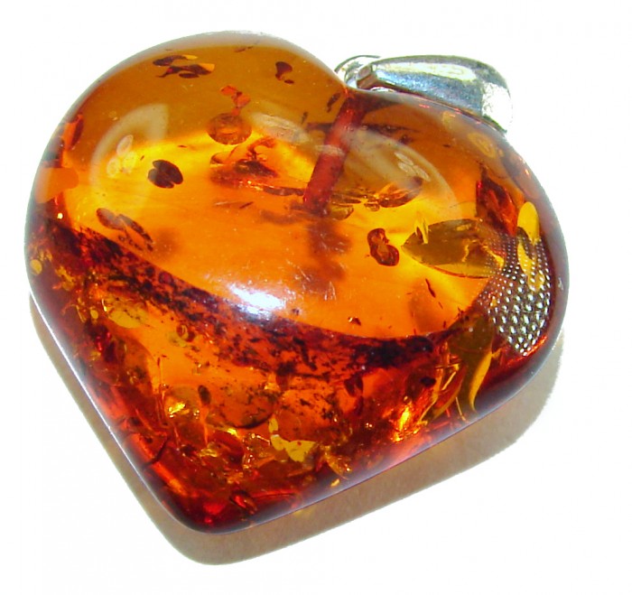 Mom's Love amazing quality Baltic Amber .925 Sterling Silver handmade pendant - Heart-shaped Baltic amber pendant with inclusions, front view.